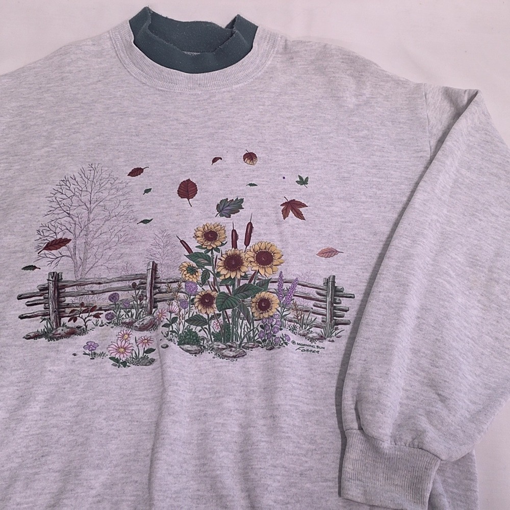 Morning Sun Sweatshirt Womens Medium Gray Sunflower Fall Fence Vintage USA Made